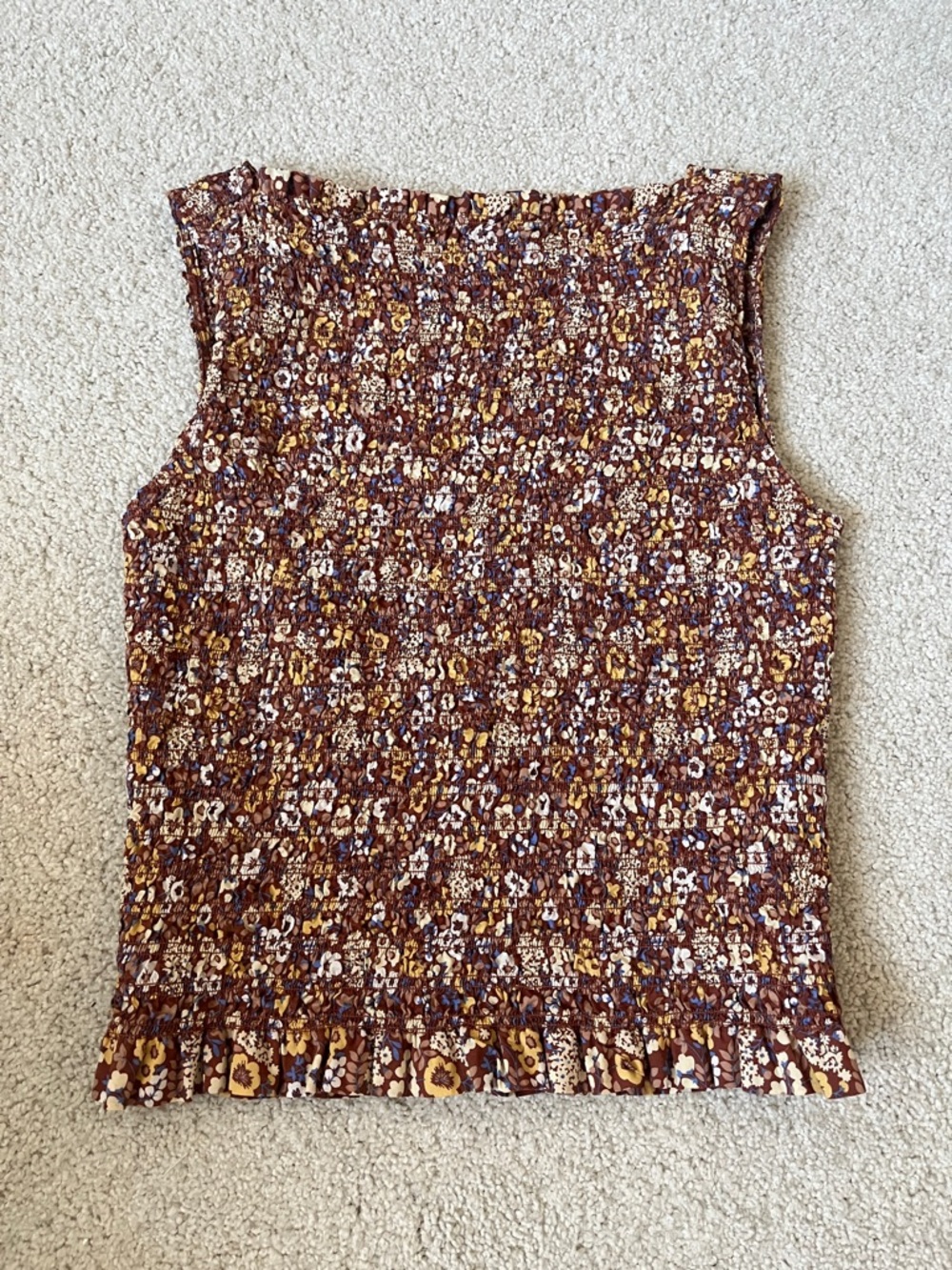 Everlane Brown and Yellow Smocked Floral Tank